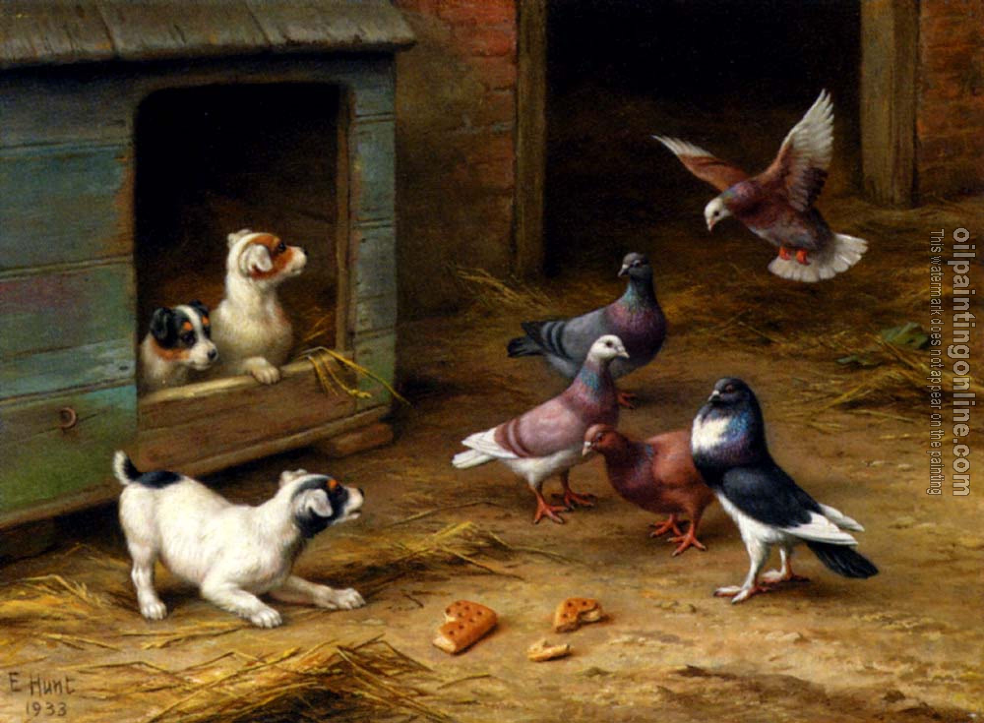 Edgar Hunt - Puppies And Pigeons Playing By A Kennel